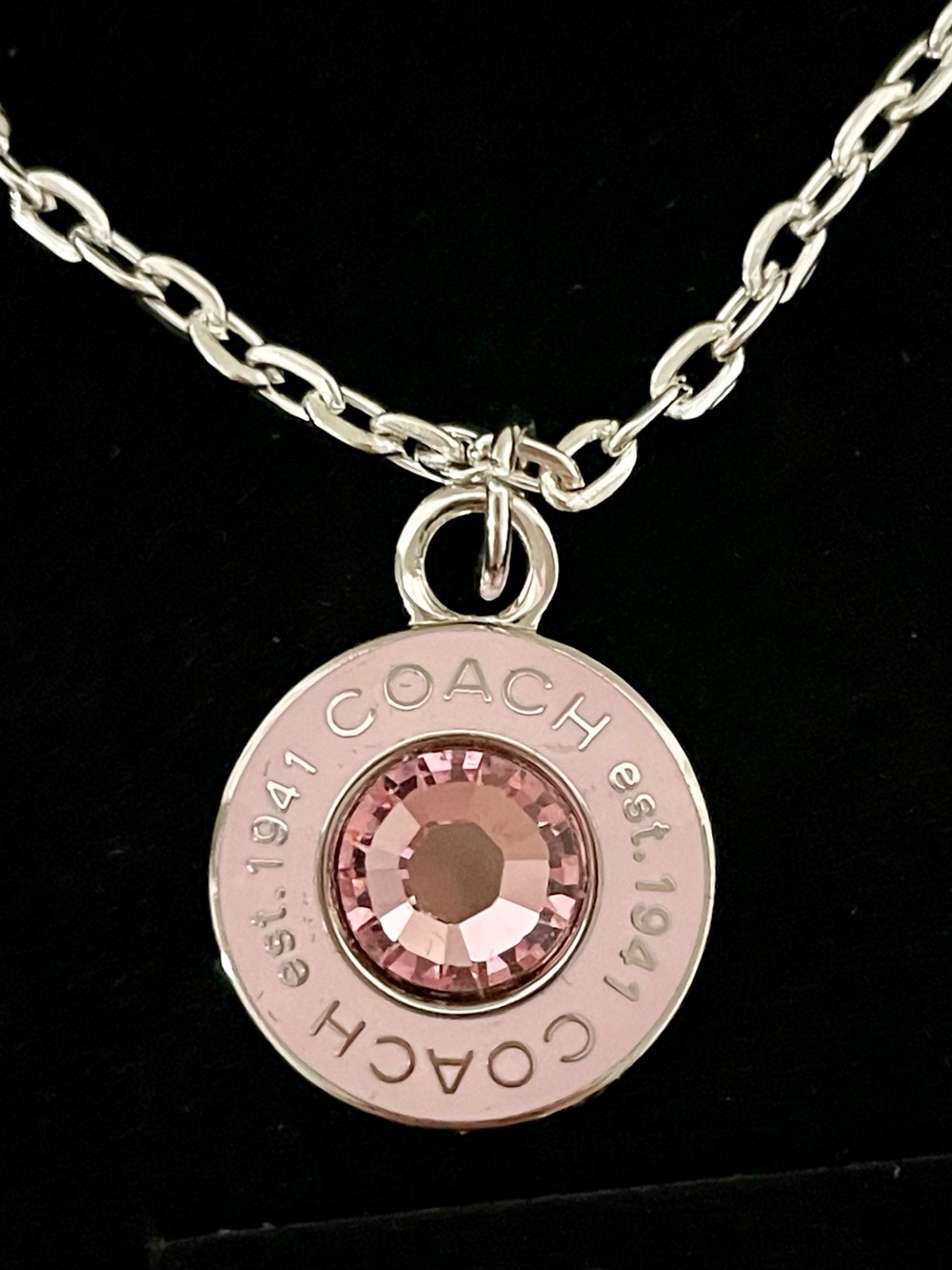 COACH Silver-Tone Necklace with Pink Crystal Center Pendant